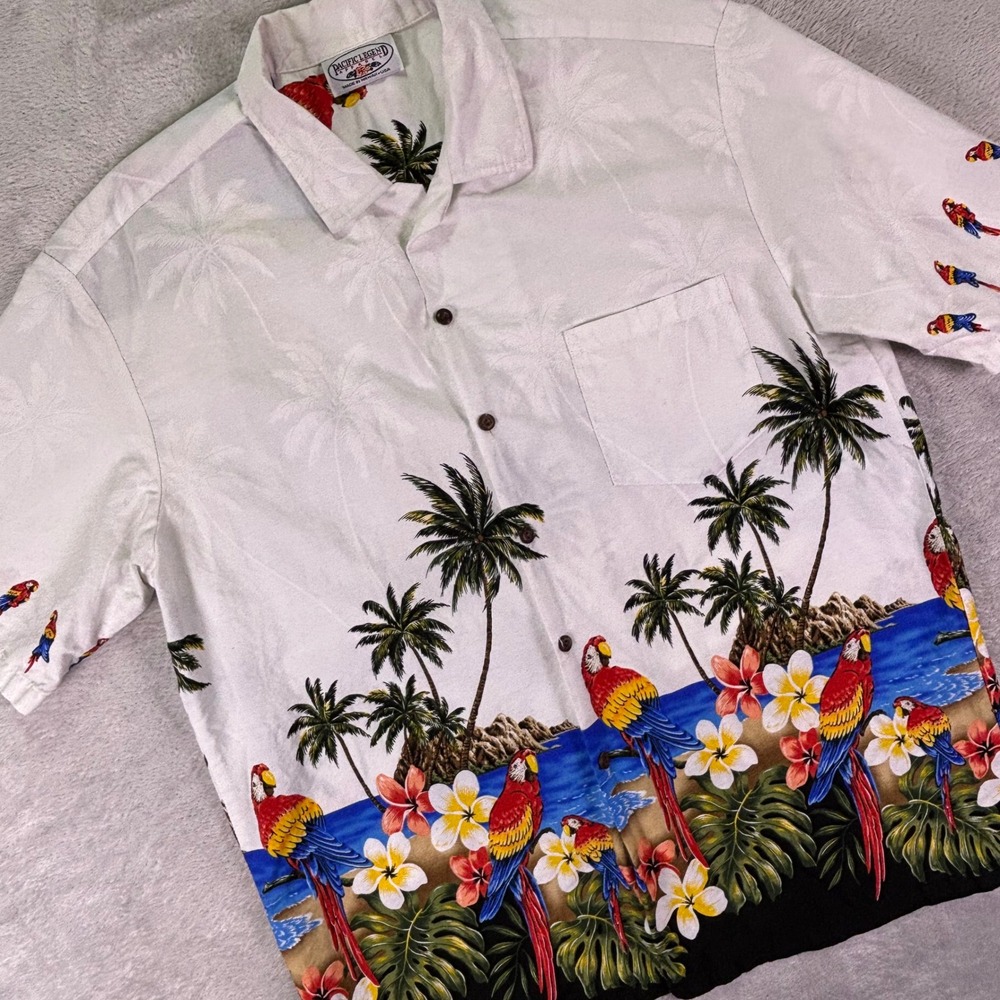 Pacific Legend Mens Hawaiian Shirt XL White Parrot Palm Tree Border Print Cotton